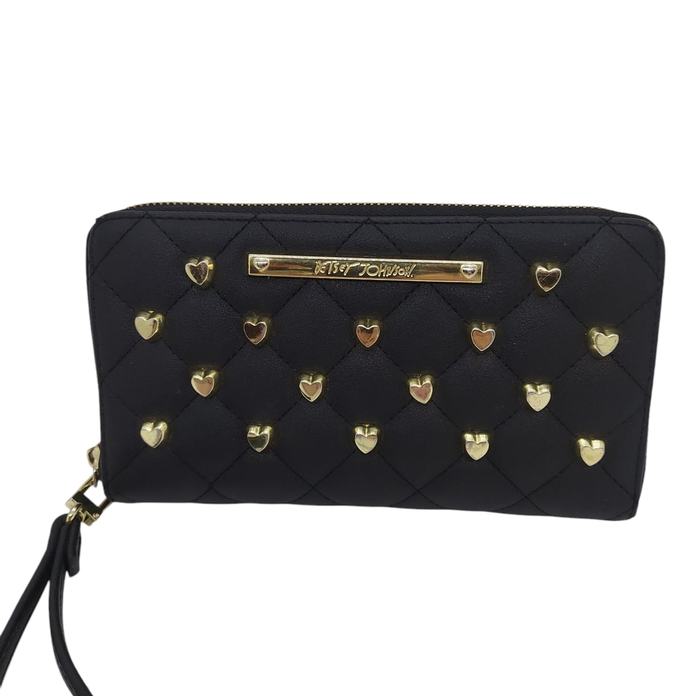 Betsey Johnson Black and Gold Quilted Wallet With Gold Heart Accents